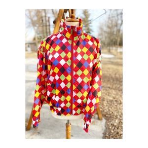 Vintage | 90s Nylon Jacket Diamond Print Full Zip Clowncore Bright Colorful
